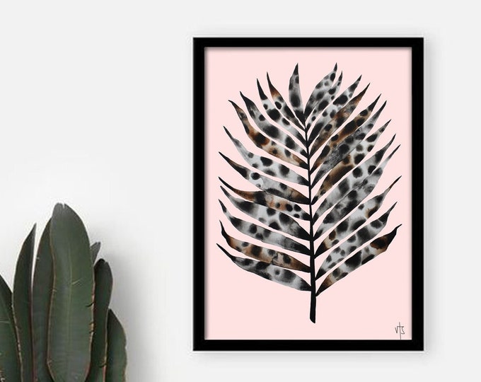 Palm - Freehand watercolour leaves painting size A3 art print - pink white grey brown black illustration - gift idea