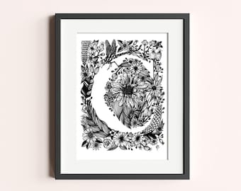 Personalised initial drawing size 8" x 6" - original art freehand black line floral illustration - custom gift idea