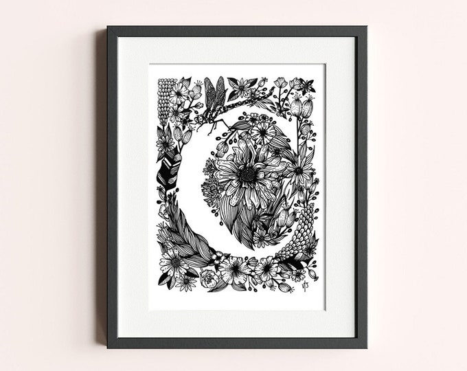 Personalised initial drawing size 8" x 6" - original art freehand black line floral illustration - custom gift idea