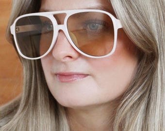 80s sunglasses retro aviators with brown tea tinted lenses & cream frames - JEFF