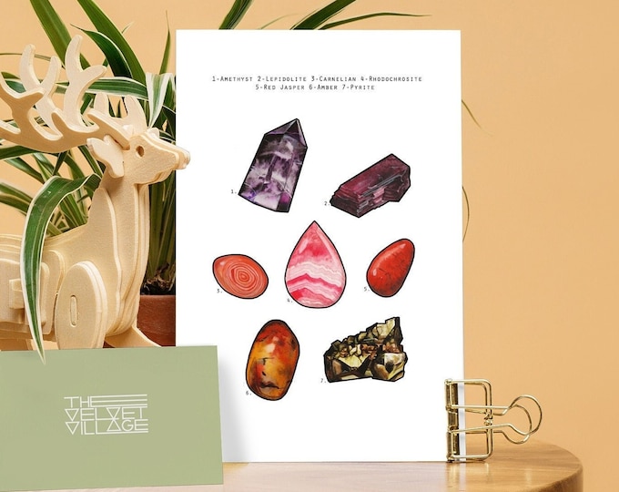 Crystals - white postcard print 6" x 4" watercolour painting & digital art illustration - healing self love