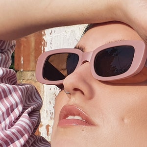 Rose 90's Y2K retro matte blush pink rectangular sunglasses with brown tinted lenses image 2