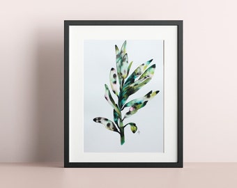 Olive Branch - Original freehand watercolour painting Size A4 - green pink plant peace symbol art illustration - gift idea