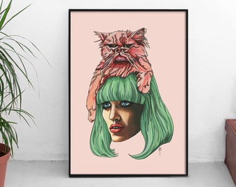 Cat Hat - pink cat & woman with mint green hair acrylic ink line drawing painting size A3 art print - illustration - gift idea