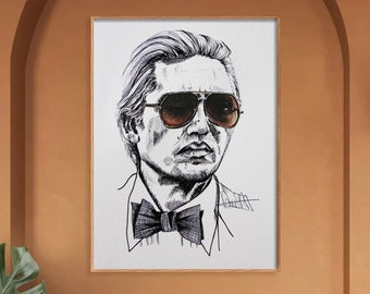 A View To A Kill - Freehand sketch & watercolour drawing Christopher Walken James Bond portrait size A3 art print - black white illustration