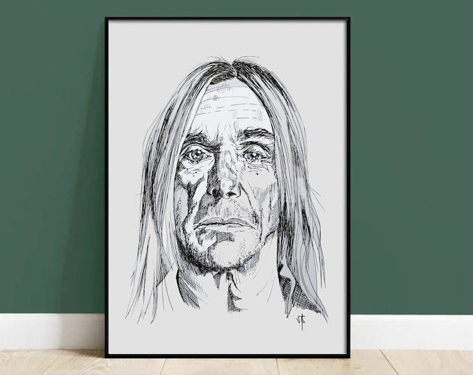 Iggy Pop - Freehand sketch drawing portrait size A3 art print - black white illustration
