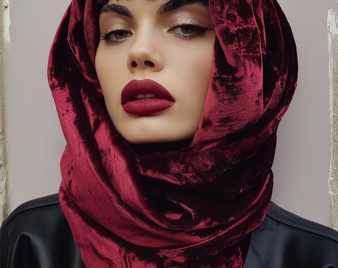Hollywood crushed velvet snood handmade hood infinity scarf in red plum Rose Pink