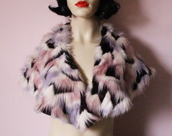 Faux fur collar stole in white rose pink lilac & brown patchwork