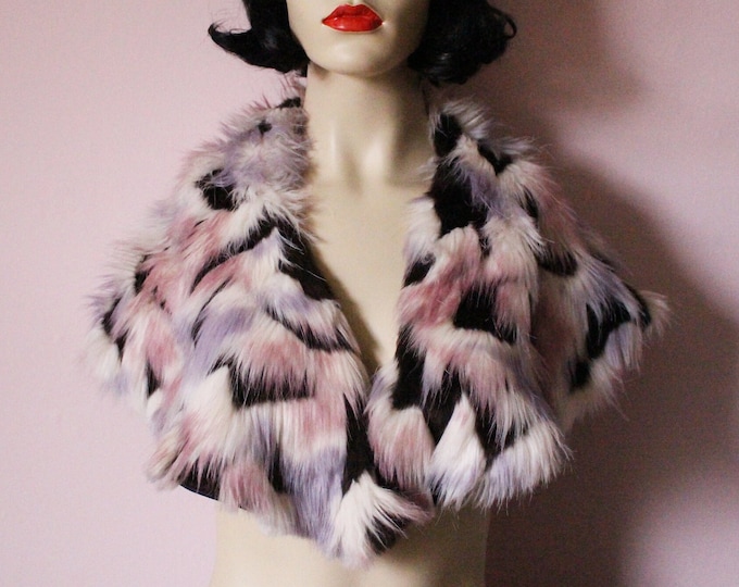 Faux fur collar stole in white rose pink lilac & brown patchwork