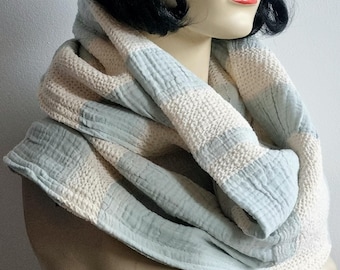 Handmade duck egg blue & cream cowl infinity scarf