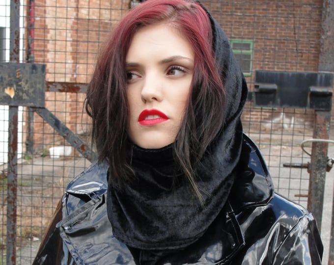 Hollywood black soft velvet snood handmade cowl hood infinity scarf