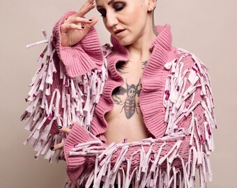 Handmade upcycled unique rose pink crochet cardigan with shaggy rag fringing and frilled collar & cuffs