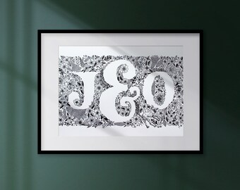 Personalised initials drawing size A3 - original art freehand black line floral illustration - wedding custom gift idea