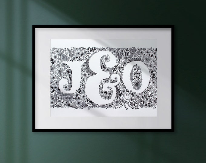 Personalised initials drawing size A3 - original art freehand black line floral illustration - wedding custom gift idea