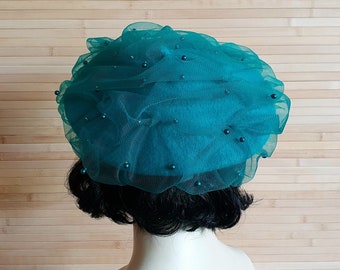 Beatrice - Handmade jade green beret hat with ruched teal beaded pearl veiling