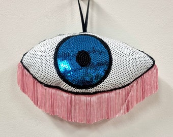 Handmade sequin white & blue all seeing eye hanging ornament decoration with vintage pink fringing - protection