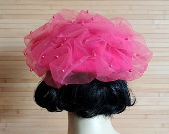 Beatrice - Handmade cerise pink beret hat with ruched pink beaded pearl veiling