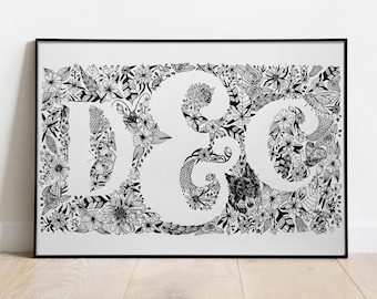 Personalised initials drawing size A3 - original art freehand black line floral nature insects illustration - custom house wedding gift idea