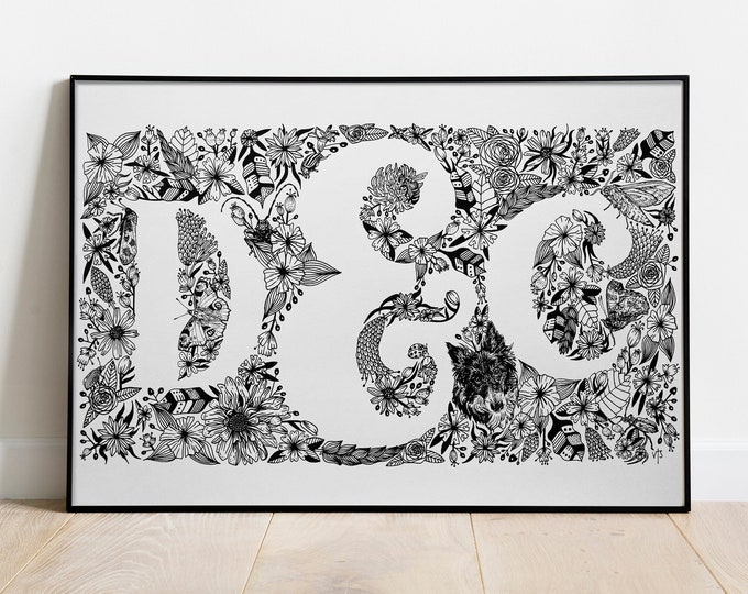 Personalised initials drawing size A3 - original art freehand black line floral nature insects illustration - custom house wedding gift idea