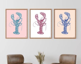 Lobster - Freehand line drawing sketch size A3 art poster print - turquoise pink white burgundy blue eggshell illustration - gift idea