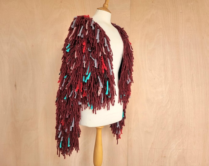 Handmade shaggy burgundy cardigan with green red grey fringing Size S-M