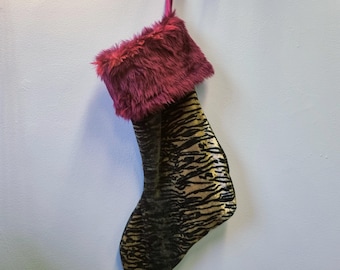 Handmade Christmas stocking vintage fabric & faux fur trim