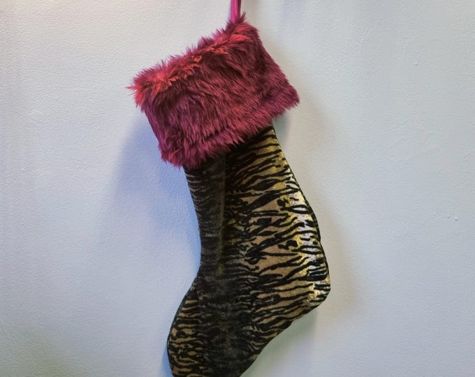 Handmade Christmas stocking vintage fabric & faux fur trim