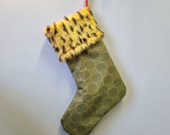Handmade Christmas stocking vintage fabric & faux fur trim