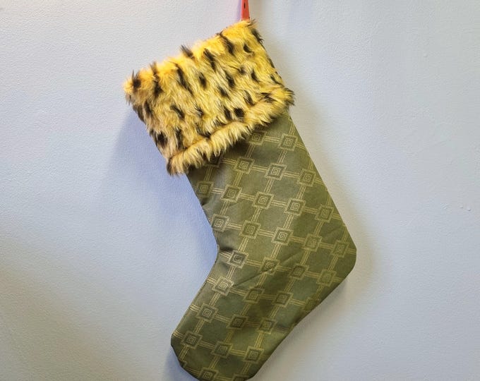 Handmade Christmas stocking vintage fabric & faux fur trim