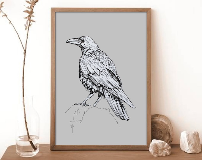 Raven - Freehand black line bird crow sketch drawing size A3 art print - grey black white illustration - gift idea