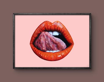 Red lips oil painting art print size A3 poster sexy fine art - Pink or white - LIPS #2