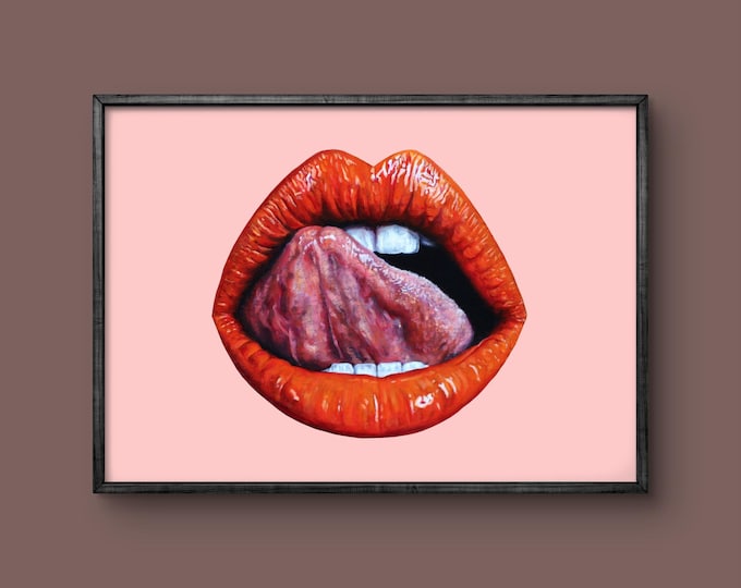 Red lips oil painting art print size A3 poster sexy fine art - Pink or white - LIPS #2