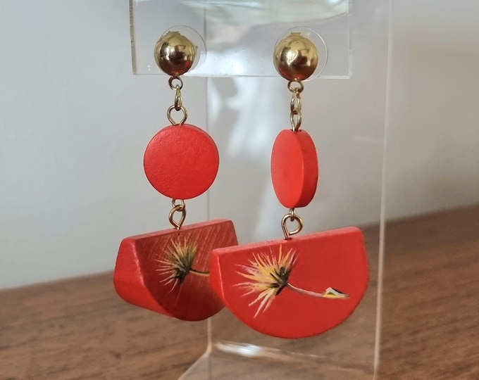 Hand painted dandelion seed flora wooden earrings RED