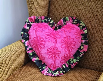 Handmade heart cushion pink faux fur with blsvl green floral ruffle trim