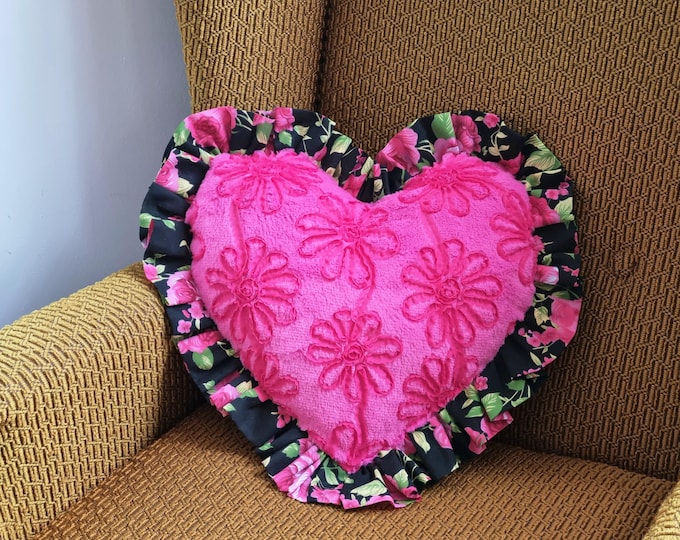 Handmade heart cushion pink faux fur with blsvl green floral ruffle trim