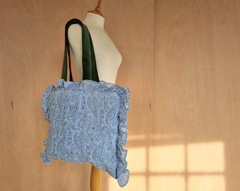 Handmade unique blue floral paisley ruffle tote shoulder bag