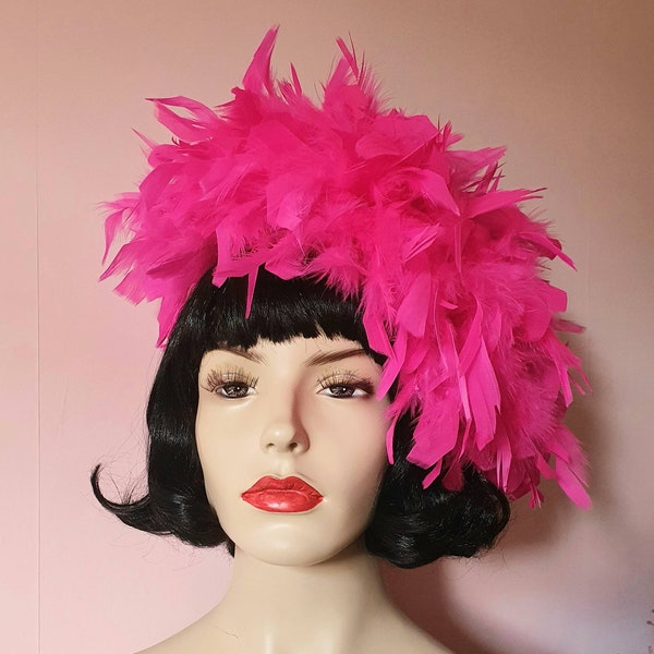 Hot pink fluffy feather hat fascinator retro vintage 60s 70s style