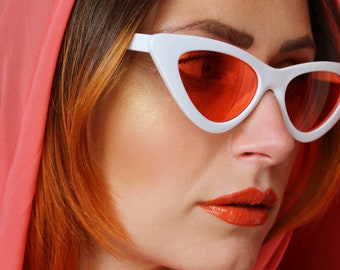 Thelma 50's 90's Retro white neon orange red tinted cat eye sunglasses