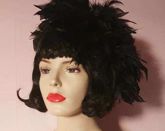 Black fluffy feather hat fascinator retro vintage 60s 70s style