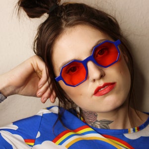 Edie 60's 70's unusual square red hexagon octagon polygon sunglasses with electric blue frames