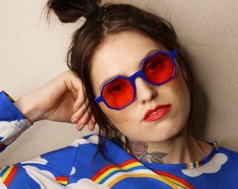 Edie 60's 70's unusual square red hexagon octagon polygon sunglasses with electric blue frames