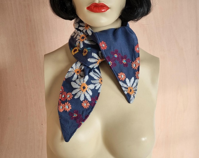 Dark blue cotton embroidered retro floral necktie handmade neck scarf