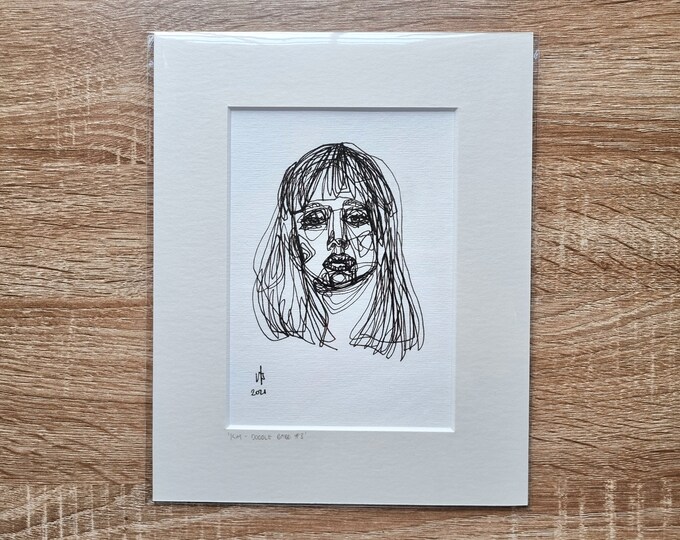 Original art continuous linedrawing 'Kim' - Doodle Babes series - size 10" x 8" with mount - freehand black & white illustration