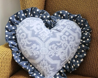 Handmade heart cushion blue white jacquard with polka dot cotton ruffle