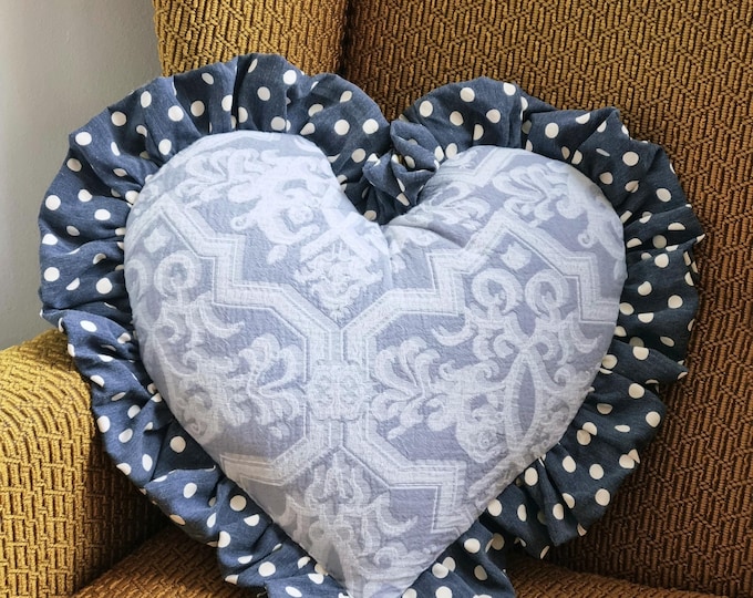 Handmade heart cushion blue white jacquard with polka dot cotton ruffle