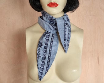 Blue cotton pinstripe embroidered floral necktie handmade neck scarf
