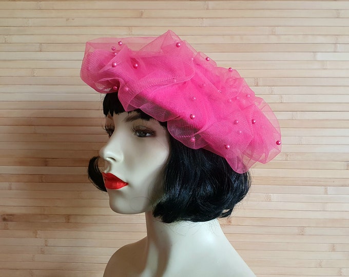 Beatrice - Handmade cerise pink beret hat with ruched pink beaded pearl veiling