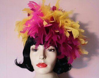 Handmade yellow orange pink burgundy fluffy feather hat fascinator retro vintage 60s 70s style