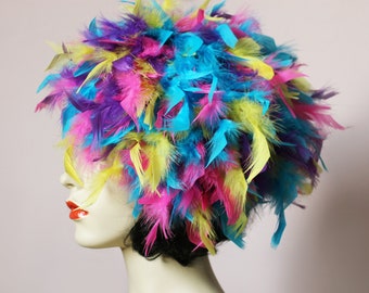 Handmade turquoise blue purple pink yellow fluffy feather hat fascinator retro vintage style