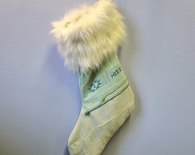 Handmade Christmas stocking vintage fabric & faux fur trim